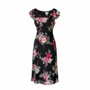 ✨Chadwicks✨ VINTAGE Black SILK Floral Midi Dress